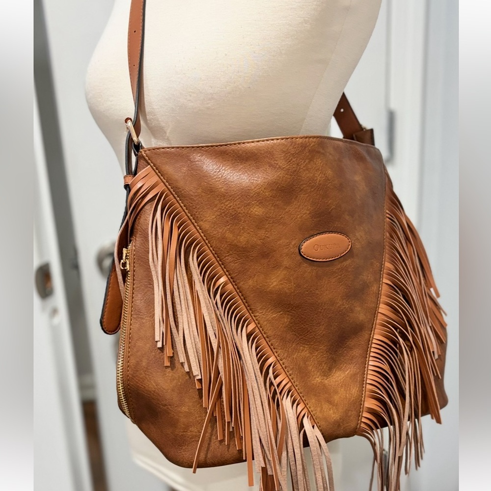 Oukupa Brown Faux Leather Fringe Shoulder Bag